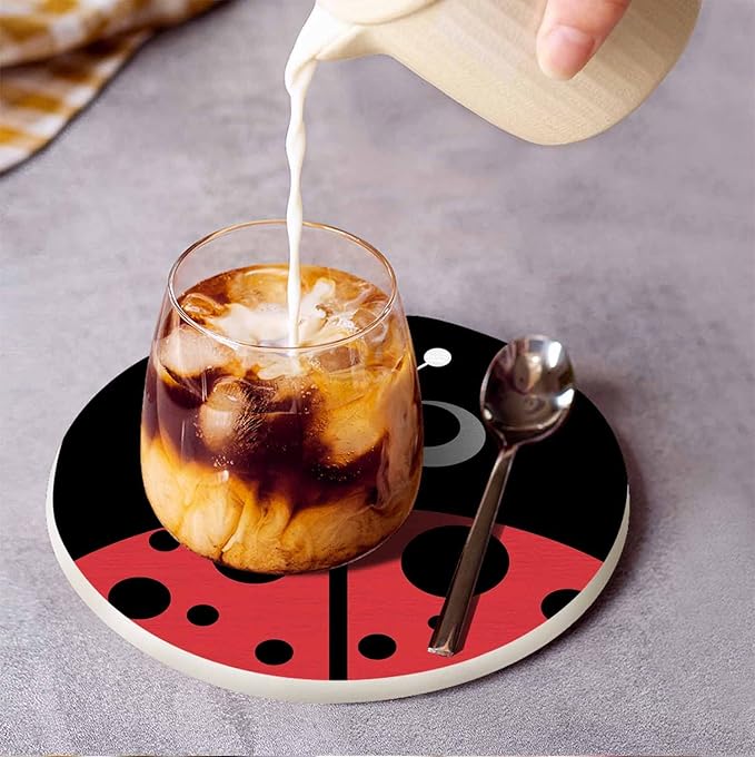 Cute Ladybug Round Coaster for Home Coffee Table Cartoon Insect Isolated Lovely Red Animal Farmhouse Drink Coasters 100% Diatomite 4''X 4''X 0.35'' Printed Pattern