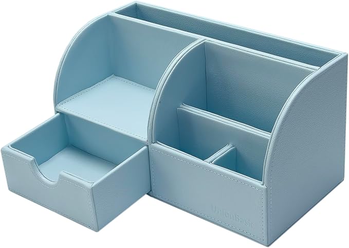 UnionBasic Desk Organizer - Multifunctional Leather Desktop Pen Holder Storage Box - Business Card/Pen/Pencil/Mobile Phone/Stationery Holder, Lychee Blue Revised