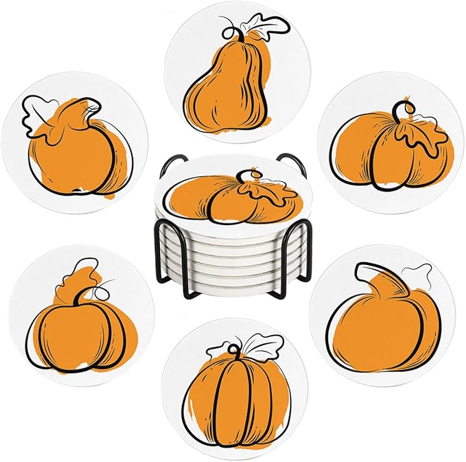 Fall Drink Absorbent Coasters with Holder Set of 6, Ceramic Stone with Cork Base, Orange Graphic Pumpkin Coaster for Drinks, Gift for Housewarming Room Bar Home Decor Kitchen