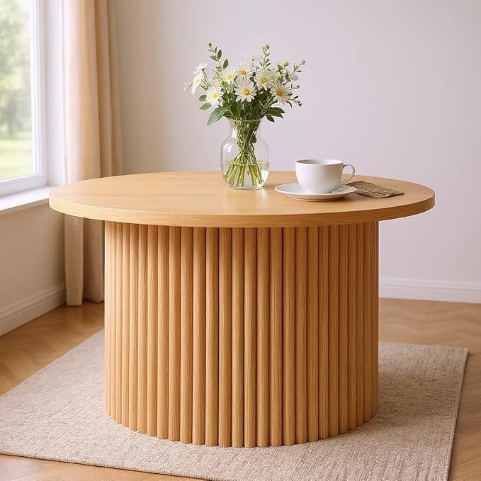 27.5'' Round Dining Table for 4, Modern Wood Farmhouse Kitchen Circle Table with Sturdy Cylindrical Pedastal, Dinner Tables for Dining Room, Living Room Oak