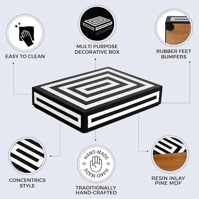 Handicrafts Home Decorative Storage Box with Lid- 6x8x1.5” Small Keepsake, Trinket Box, Memory Box- Decorative Boxes for Home Decor, Centre Table, Giftable Storage Accent- Concentric - Black White