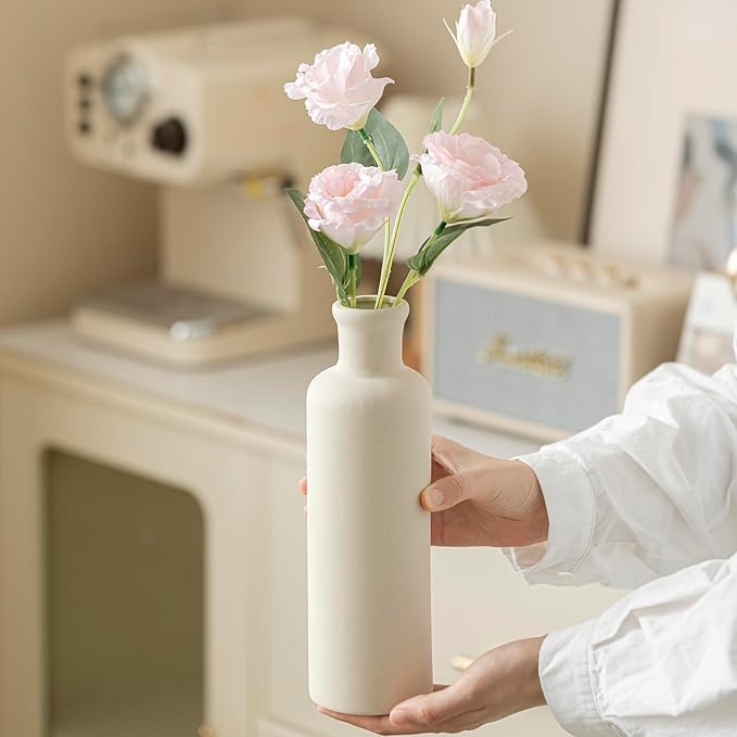 10 Inch Modern Ceramic Vase Set of 3, Beige Colors, Decorative Bottles for Home, Farmhouse Rustic Decor (Beige)