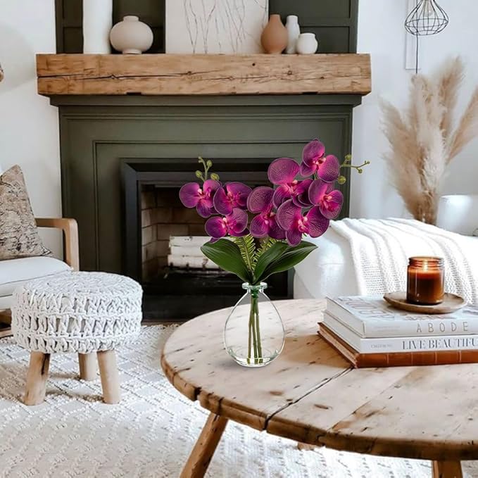 Purple Orchids Artificial Flowers, Faux Orchid in Glass Vase Real Touch Small Phalaenopsis Orchid Flowers Arrangements with Clear Vase Orchid Centerpiece for Dining Room Table