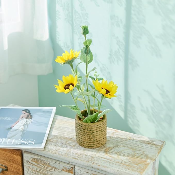 AlphaAcc 13.5 inch Faux Yellow Sunflower Fake Plant Realistic Artificial Potted Greenery in a Rope-Striped Cement Planter Perfect for Indoor Table Centerpieces Porch Décor