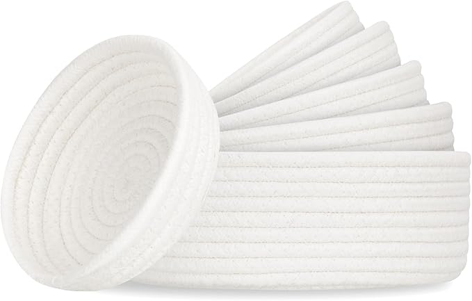 Small Shelf Storage Baskets for Organizing, 6 Pack Round Cotton Rope Bins, Decorative and Cute Woven Baskets for Bedroom and Closet, Key Tray Bowl, Home Decor Countertop Organizer (Beige)