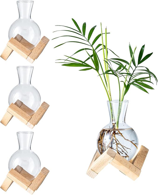 Propagation Stations, Propagation vases with Wooden Stand, Small Tabletop Glass Bulb Vases for Hydroponics Plant Propagation Station Home Office Decoration, Gift for Women Plant Lovers (4)