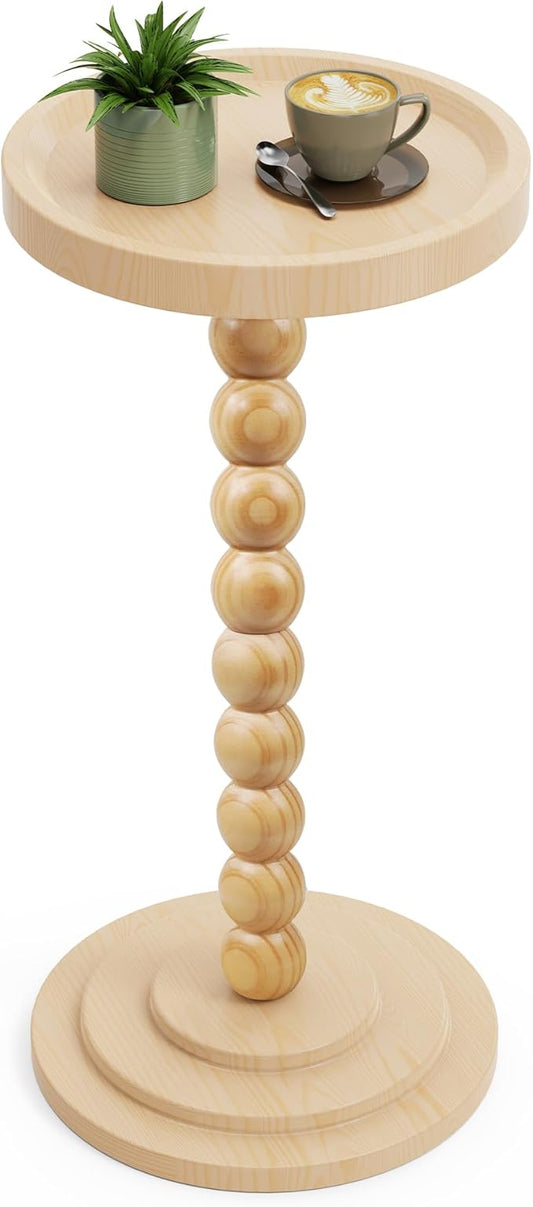 Round Wooden Side Table & Drink Table | Sturdy & Functional Mid-Century Design with Solid Wood Pillar for Living Room, Bedroom, Office & More