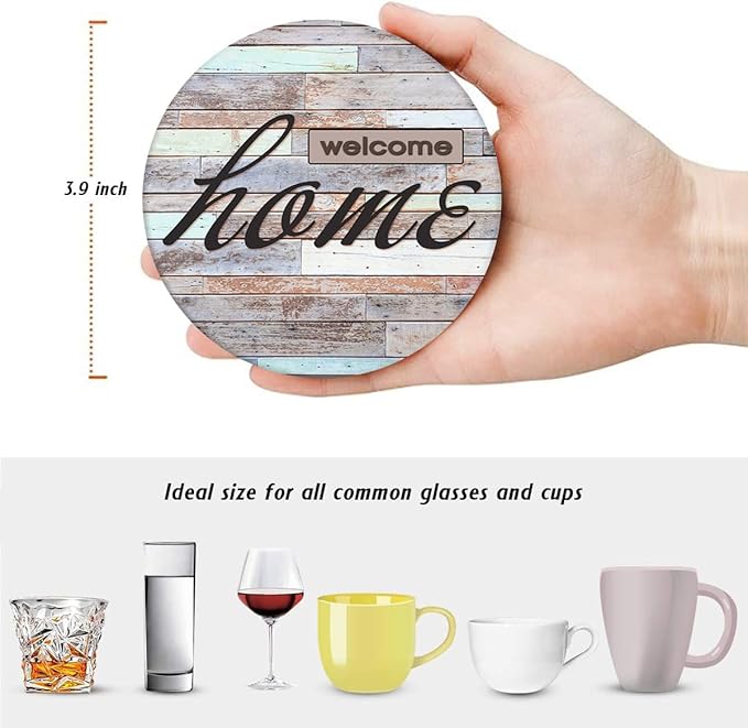 Britimes Coaster for Drinks Set of 6, Worn Wood Absorbent Round Ceramic Stone Mat, with Cork Base and Metal Holder, Gift for Housewarming Room Bar Decor