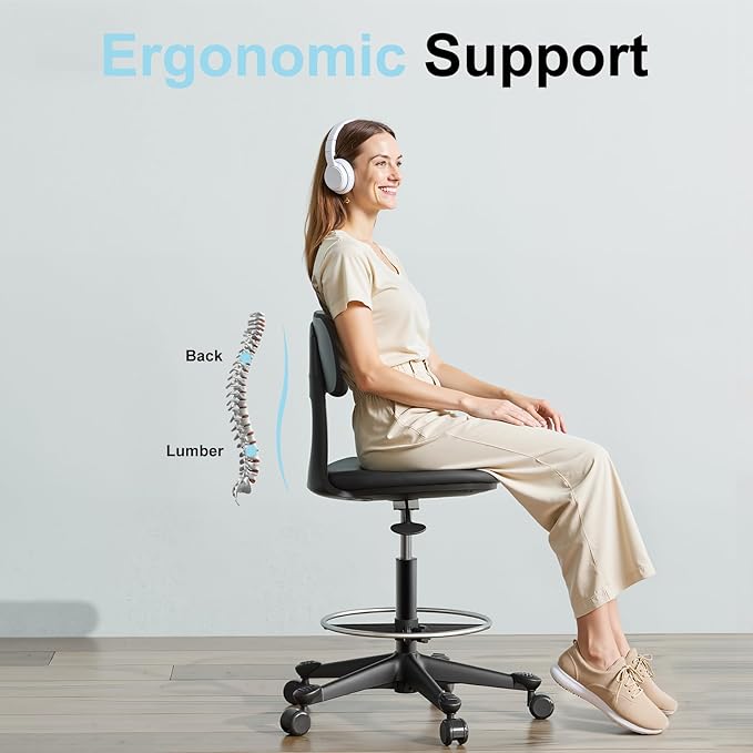 Drafting Stool with Back Support – Height Adjustable Standing Desk Stool with Back & Foot Rest | Auto-Lock Casters,Ergonomic |Tall Standing Desk Chair for Studio, Lab, Office or Home