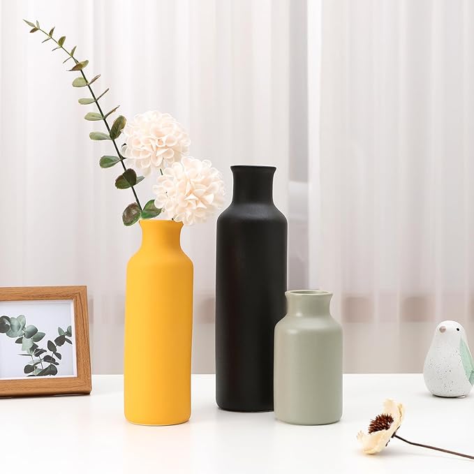 Ceramic Vases Set of 3, Farmhouse Decor Flower Vase for Centerpiece Table Decorations, Boho Decor Vases, Rustic vase in Various Sizes for Living Room,Fireplace, Shelves
