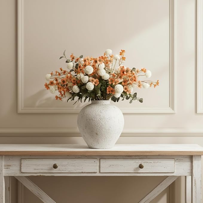 RyddeligHome Artificial White Kiku & Orange Wax Flowers, Bulk Silk Flowers with Long Stems for Vases, Spring Floral Stems Arrangements for Home Decor, Centerpieces for Tables, Rustic Decorations