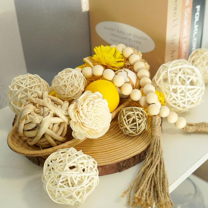 Qingbei Rina Yellow Decorative Balls for Bowls,Assorted Vase Filler for Centerpieces,Wicker Rattan Balls Decorative Orbs Woven Spheres,Summer Bowl Fillers for Home Decor,Wedding(Lemon)