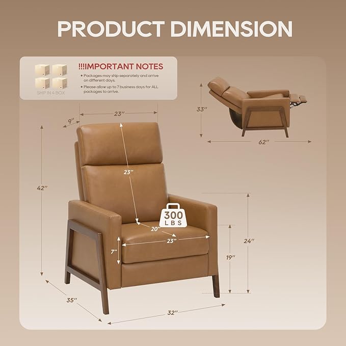 COLAMY Push Back Recliner Chair Set of 2, Upholstered Leather Recliner with Footrest 105-135 Degree Adjustable, Comfy Modern Wingback Recliner for Living Room, Bedroom,Small Spaces, Camel