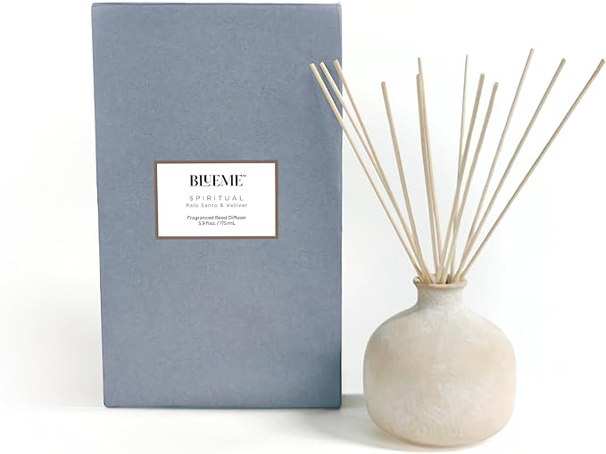 BLUEME Spiritual-Palo Santo & Vetiver, 5.92 Fl Oz Wellness Diffuser, Contains Essential Oil, Sustainable, Hand Finished, Premium, Luxury Ceramic, Natural Rattan Reeds