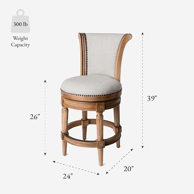 Maven Lane Pullman Counter Stool 26 Inches – Swivel Stool with Footrest – Light Brown Solid Wood Frame & Natural Fabric Upholstery – Perfect for Kitchen Islands & Counters