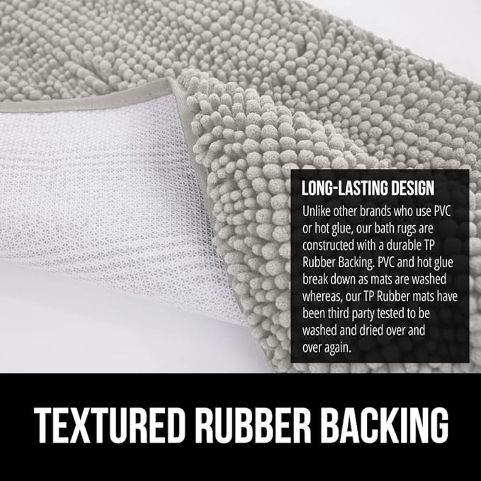 GORILLA GRIP Bath Rug Mat 42x24, Soft Absorbent Chenille, Quick Dry Microfiber Mats, Rubber Backing Washable Shower Floor Rugs, Bathmat Runner, US Designed Bathroom Home Decor Accessories Light Gray
