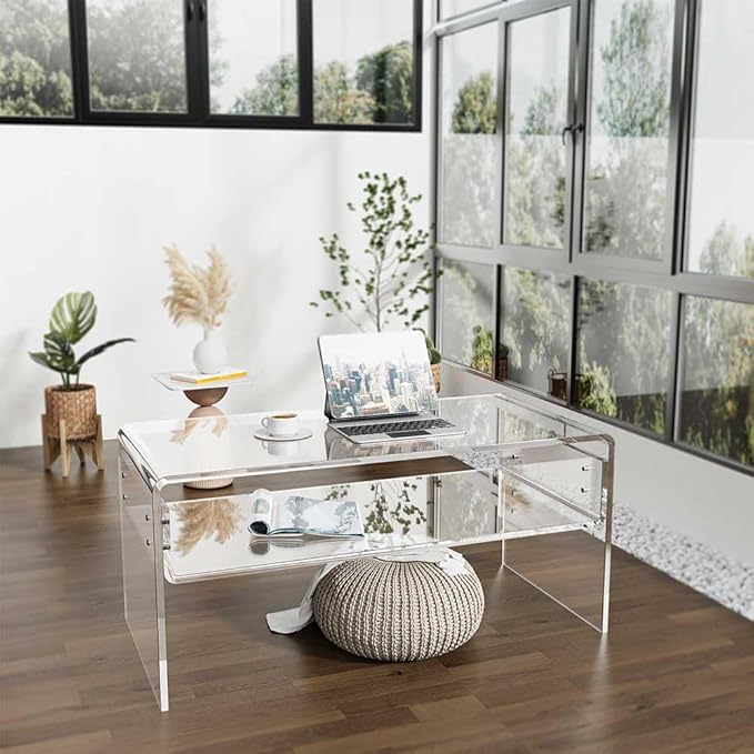 32inch Premium Clear Acrylic Rectangle Coffee Table with Storage Shelf for Living Room,Mid Century Transparent Waterfall Low Tea Table, Middle Size Table (32"x16"x16") Fit for 2 Seat Sofa