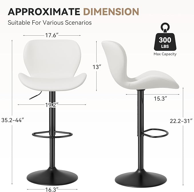 Nalupatio Swivel Bar Stools Set of 2,PU Leather Upholstered Barstools with Back & Footrest, Seat Adjustable Height 22.2-31IN Counter Height Bar Chairs for Bar Kitchen Island,White