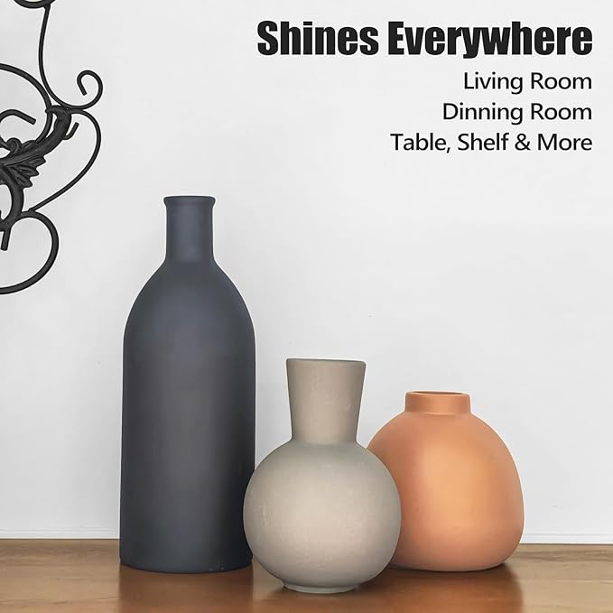 Ceramic Flower Vase Set of 3, Home Decor Vases for Centerpieces, Tulips Flowers Pampas Grass Decor, Boho Rustic Farmhouse Kitchen Bedroom Bathroom Living Room Office Wall Decor Aesthetic -Black