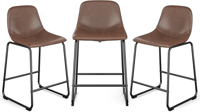 Rfiver Pu Faux Leather Bar Stools Set of 3, Industrial Pub Barstools with Back and Footrest, Modern Armless Bar Height Stool Chairs (Brown, 24" Counter Chair x3)
