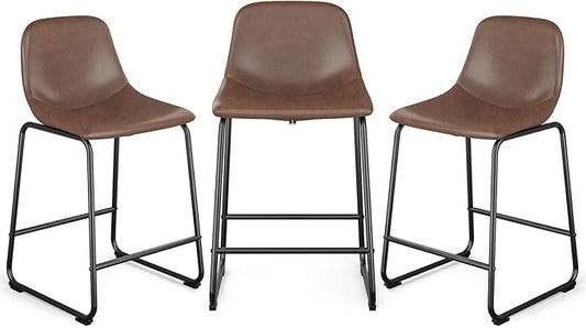 Rfiver Pu Faux Leather Bar Stools Set of 3, Industrial Pub Barstools with Back and Footrest, Modern Armless Bar Height Stool Chairs (Brown, 24" Counter Chair x3)