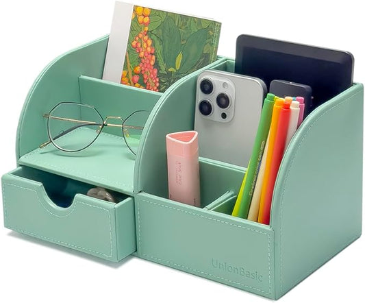 UnionBasic Desk Organizer - Multifunctional Leather Desktop Pen Holder Storage Box - Business Card/Pen/Pencil/Mobile Phone/Stationery Holder, Mint Green