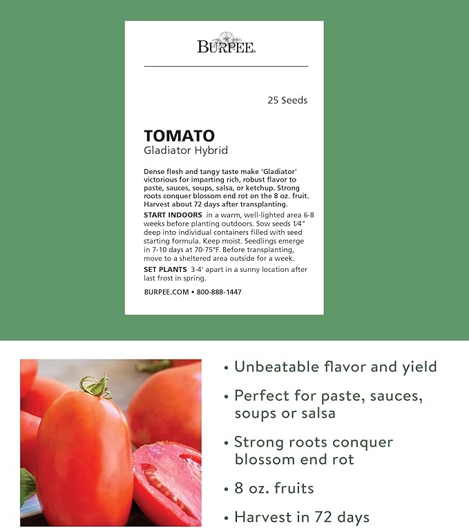 Burpee 'Gladiator',25 Non-GMO Seeds, Hybrid Red Slicing & Paste Delicious Roma Tomato Variety, Indeterminate Seeds for Home Garden
