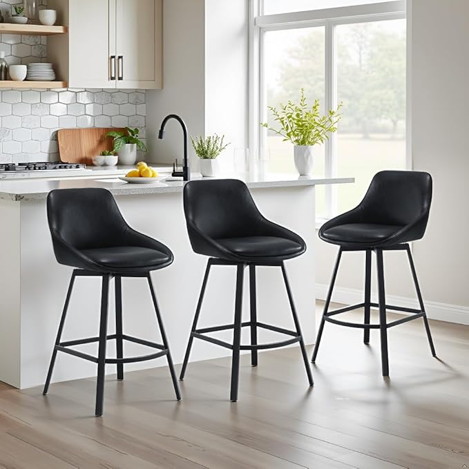 Zesthouse Swivel Counter Height Stools Set of 2, Modern Upholstered Barstools with Backs, 26'' Faux Leather High Chairs for Island Kitchen, Counter Height Chairs with Metal Legs, Black