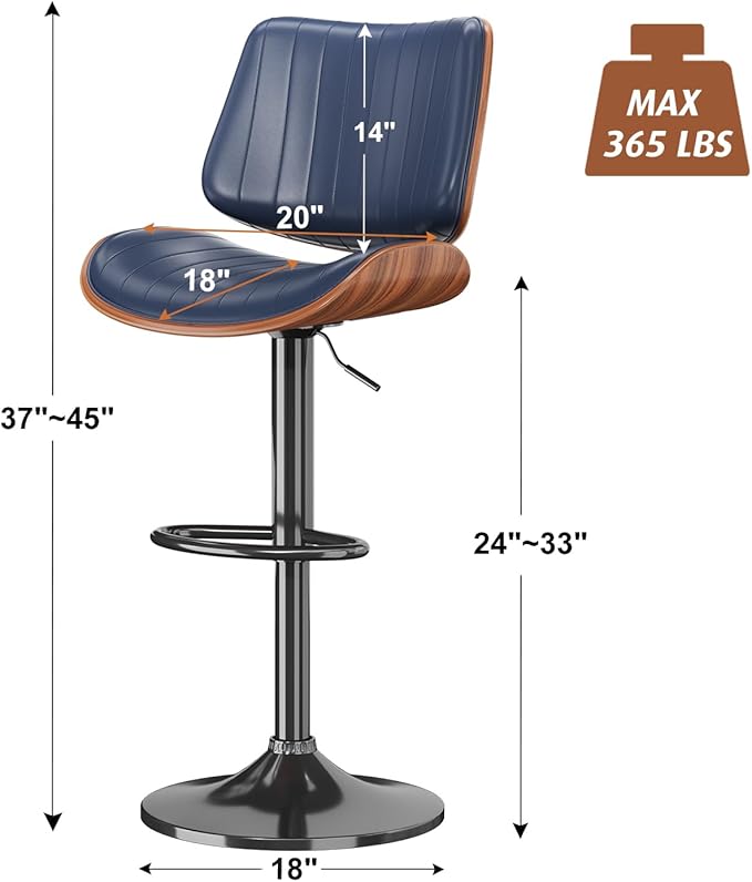 Swivel Bar Stools Set of 4, Adjustable Bentwood Barstools for Kitchen Counter, Modern PU Leather Upholstered Bar Chair with Back and Footrest, for Kitchen Island, Bar, Dining Room, Navy