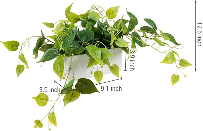 MyGift Vibrant Lifelike Artificial Plant Pothos Leafy Vine Greenery in White Concrete Rectangular Planter Box