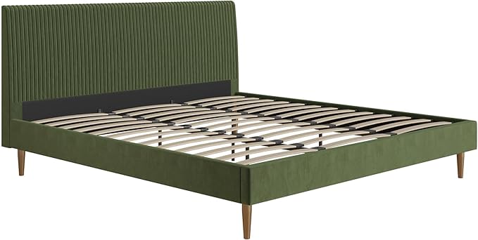Mr. Kate Daphne Upholstered Bed with Vertical Channel Tufted Headboard, King, Olive Green Velvet