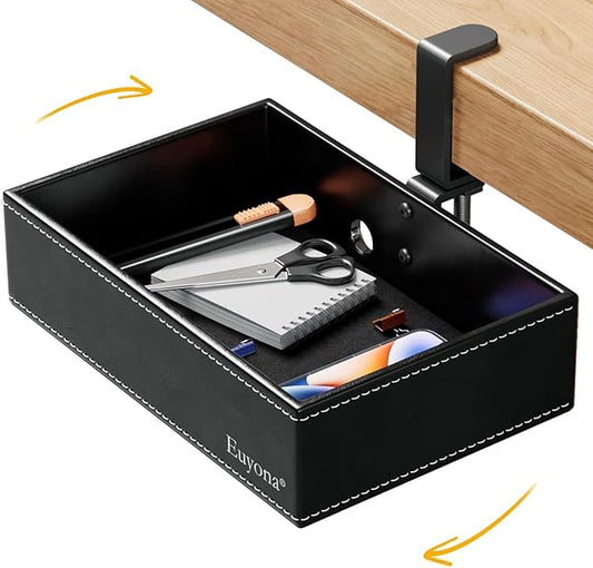 PU Leather Under Desk Organizer with 360° Rotating Clamp – for Computer Accessories, Stationery, Remote Control & Phone Storage, Black