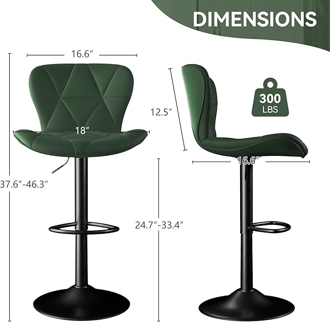 Bar Stools Set of 3,Adjustable Swivel Barstools, Faux Leather Bar Chairs,Upholstered Counter Height with High Backrest for Kitchen Island, Green