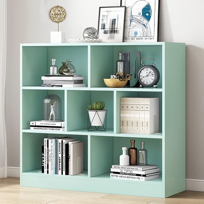 IOTXY Open Shelf Low Bookcase - Wooden 3-Tier Floor Standing Display Cabinet Organizer with Base, 7 Cubes Short Horizontal Bookshelf in Tiffany-Green