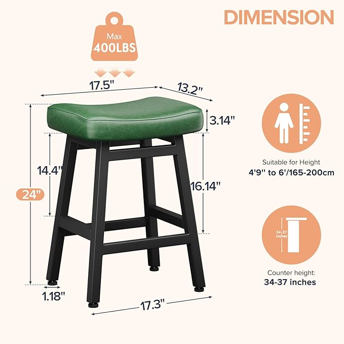 Counter Height Bar Stools Set of 3, 24 Inch Barstools for Kitchen Counter, Kitchen Stools with Faux Leather Saddle Seats & Heavy Duty Metal Legs, Easy Assembly, Forest Green