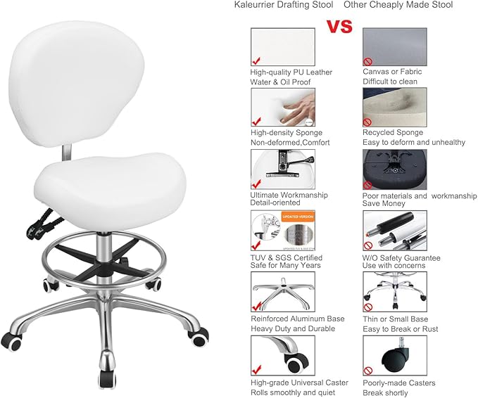 Kaleurrier Adjustable Height Drafting Stool Drafting Chair with Backrest & Foot Rest,Swivel Rolling Stools for Work Studio Dental Office Salon Kitchen Counter Tall Home Desk Chairs (White)