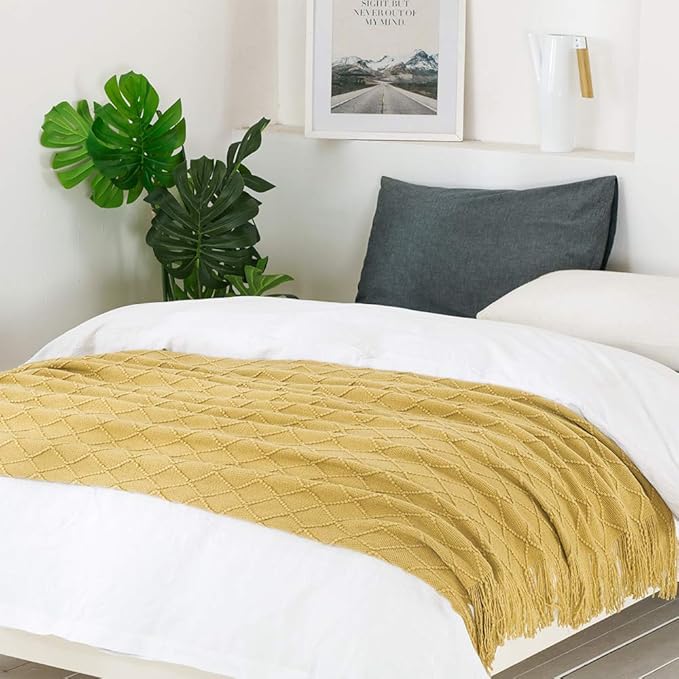 BOURINA Mustard Throw Blanket 60x80 Inches Throw Textured Solid Soft Sofa Throw Couch Knitted Decorative Blanket