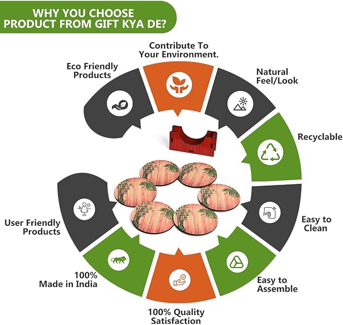 GKD Wooden Coasters for Drinks, MDF Wooden Coasters Set of 6 with Holder, 3.5 inches Eco-Friendly Absorbent Coaster for Coffee Table, Office, Bar, Drinking Glasses, Tabletop Protection