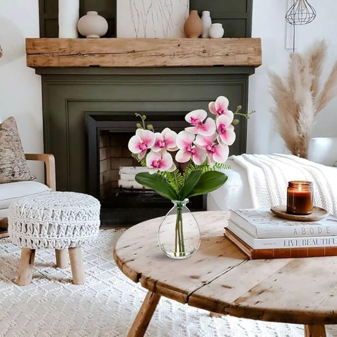 Pink Orchids Artificial Flowers, Faux Orchid in Glass Vase Real Touch Small Phalaenopsis Orchid Flowers Arrangements with Clear Vase Orchid Centerpiece for Dining Room Table