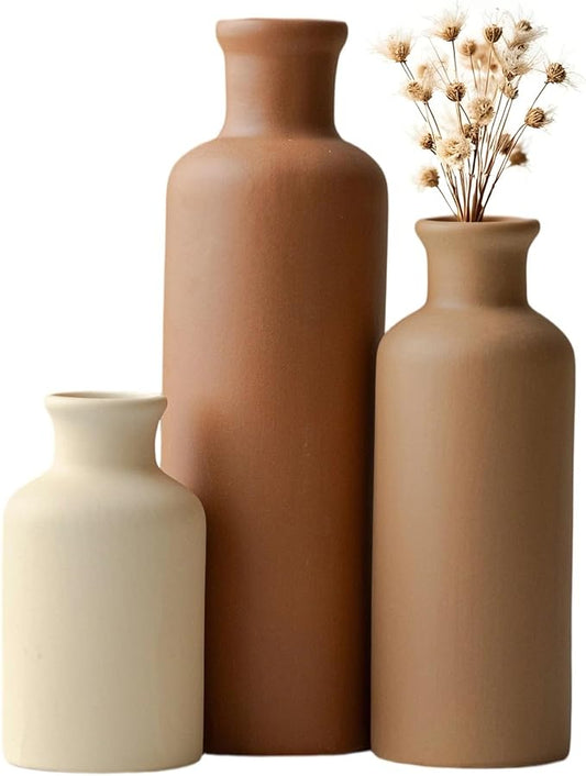 10 Inch Modern Ceramic Vase Set of 3, Neutral Colors, Decorative Bottles for Home, Farmhouse Rustic Decor (Coffee Mix)