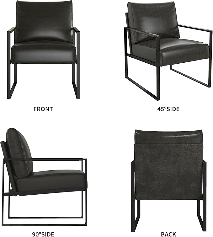 Phoenix Home PU Leather Accent Chair, Leisure Metal Framed Armchair with Extra Soft Padded and Cushion, 105 Degree Slant Back, Modern Reading Arm Chair for Living Room/Office/Bedroom, Black