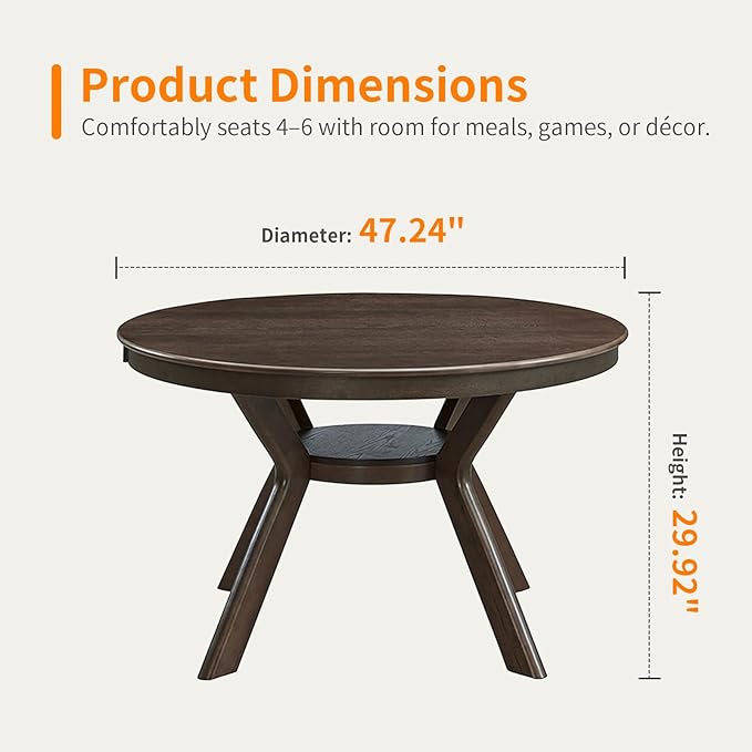 NicBex 47.24" Rubber Wood Round Dining Table for 4-6 People, Mid-Century Kitchen and Dining Table with Wooden Trestle Base, Rustic Brown Solid Wood and MDF Table for Dining Room or Living Room Brown