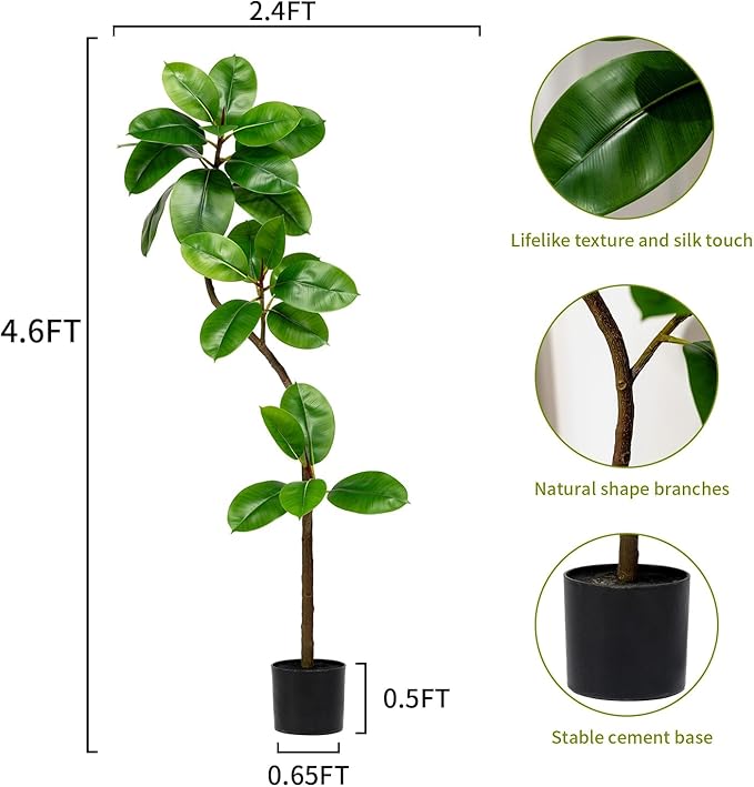 4.6ft Artificial Rubber Tree Faux Plants Indoor Faux Floor Artificial Trees Indoor,Fake Plant Fake Tropical Plants,Large Floor,Real Touch Rubber Tree for Home Decor