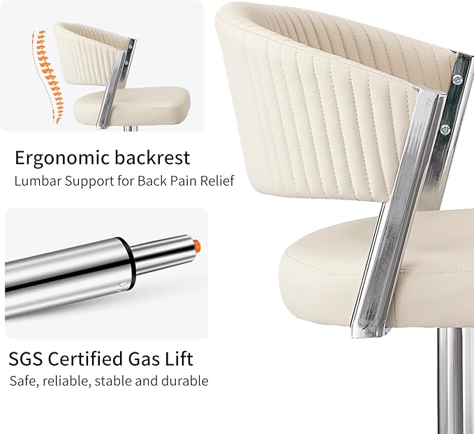 Bar Stools Set of 2, Adjustable Swivel Counter Height Bar Stools with Back and Footrest, PU Leather Bar Chairs for Kitchen Dining Room, White