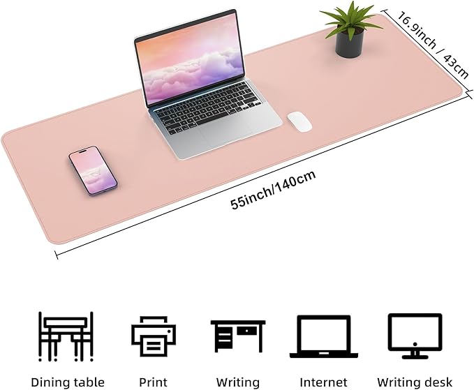AFIING Leather Desk pad Protector, Large Non-Slip Office Desk Mat with Natural Cork & PU Leather, Waterproof Writing Mouse Pad for Office and Home (55in*17in,Pink)