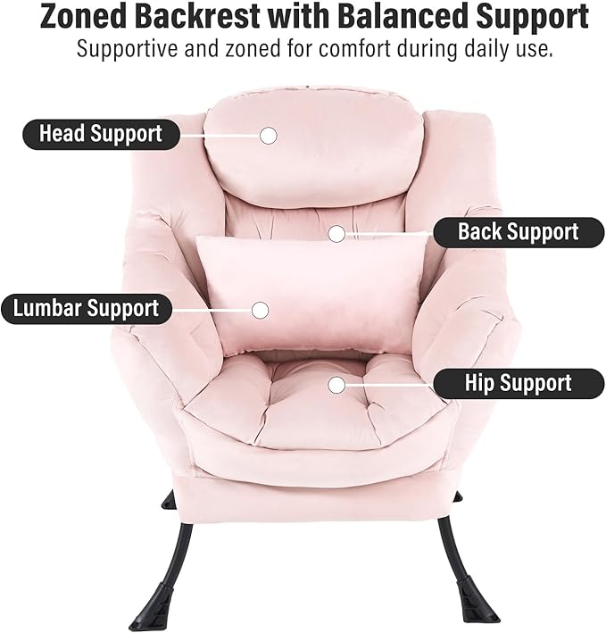 Lazy Chair with Ottoman, Modern Accent Chair with Lumbar Pillow, Comfy Chairs with Folding Footrest for Bedroom, Reading, Oversized Supportive Lounge Chairs(Velvet Pink)