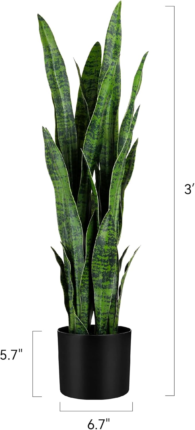 KOL 3ft Artificial Snake Plant, Fake Sansevieria Potted Plants, 32 Thick Lifelike Faux Leaves, Indoor Home Office Decor, Mother-in-Law Tongue Houseplant, 35in, Green