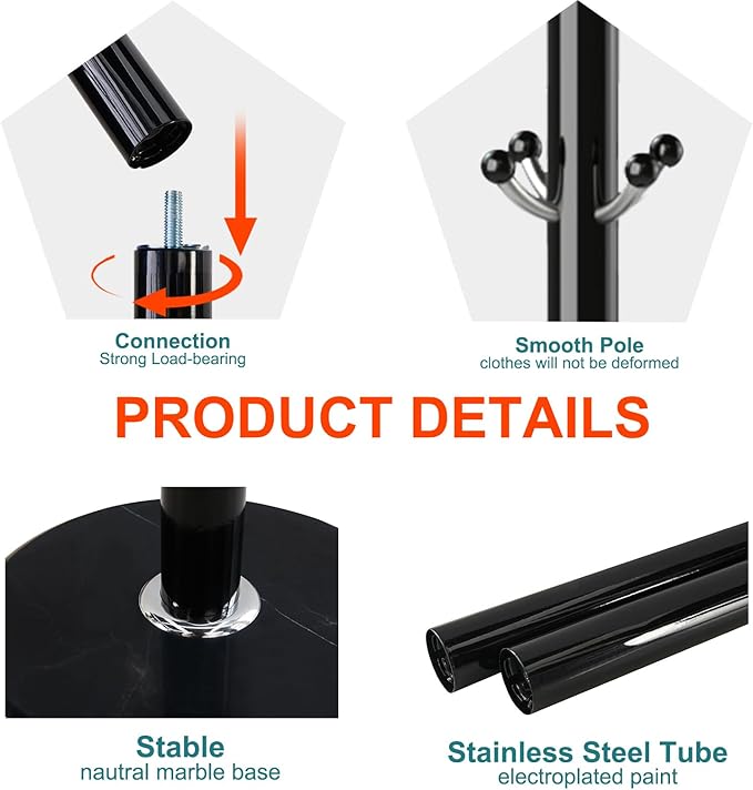 Modern Coat Rack with Natural Marble Base, Metal Freestanding Coat Racks with 16 Hooks, Sturdy Coat Rack Stand for Hanging Scarf, Bag, Jacket, Standing Coat Hall Tree Hanger Holder Stand