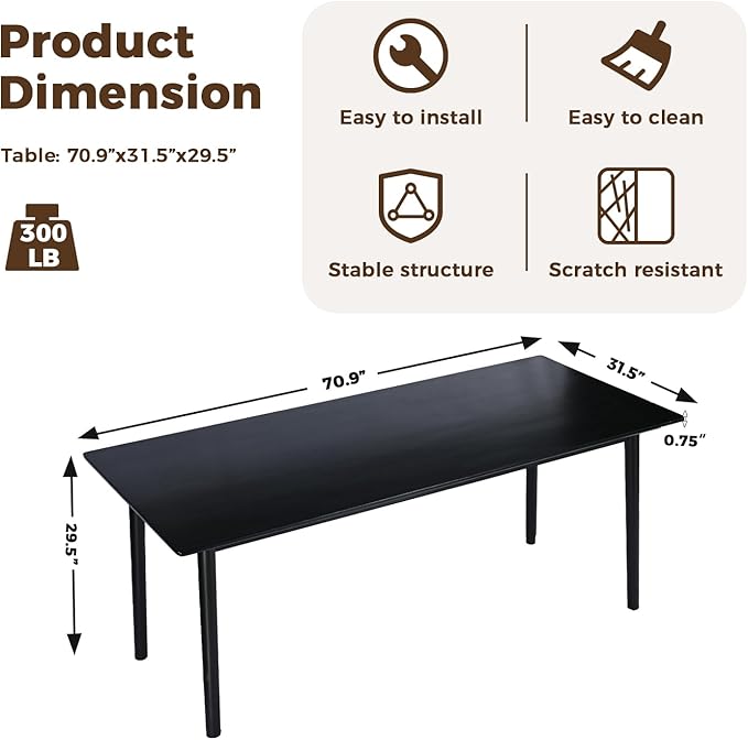 DELAVIN 70.8" Large Solid Wood Dining Table for 6-8 People, Mid Century Modern Rectangular Oak Kitchen Table, Farmhouse Dining Room Table, Easy Assembly, Black