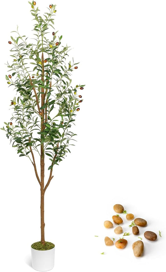 Artificial Olive Trees 7FT - Large Faux Olive Tree for Indoor with White Planter, Tall Fake Olive Silk Tree Realistic Olive Plants with Branches and Fruits for Home Decor Office Living Room